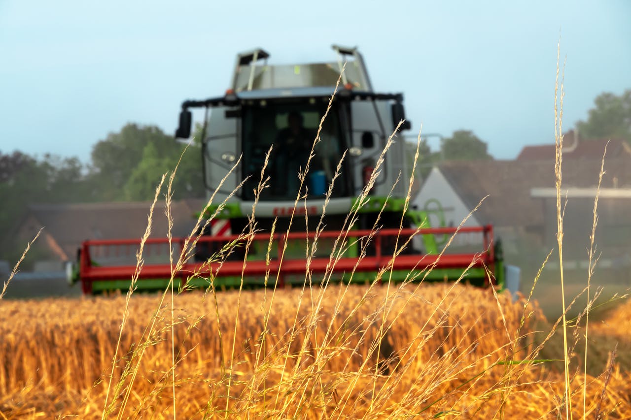 A combine harvester in action on a wheat field in Soerendonk, Netherlands.